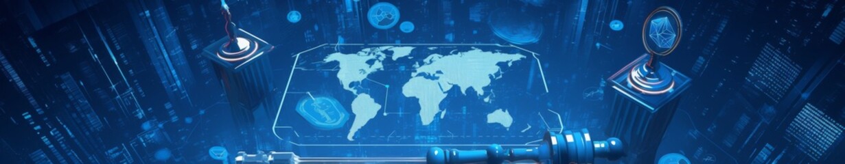 Obraz premium Blockchain and Legal Services: A North American Law Firm and Legal Center Map with Blockchain Symbols, Secure Contracts, Transparent Legal Processes, and Efficient Dispute Resolution.