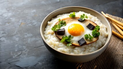 A Touch of Luxury: Chicken Rice Porridge with a Fried Egg and Black Truffle Salt Generative AI AI-assisted