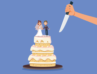 Funny Conceptual Divorce Cake Vector Separation illustration. Goodbye marriage moving on humorous wedding cake 
