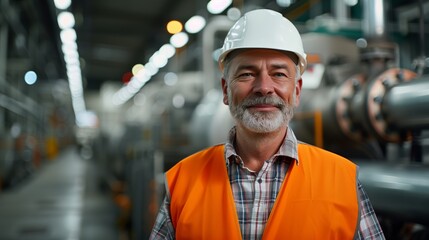 A workman wearing an orange safety vest and white hard hat stands in his factory.