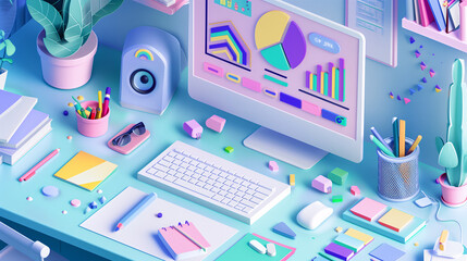 Vibrant Office Desk with Digital Charts and Stationery in a Mode