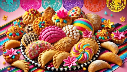 A vibrant Mexican pan dulce (sweet bread) assortment, with colorful conchas, empanadas, and orejas. Taken with a festive background.
