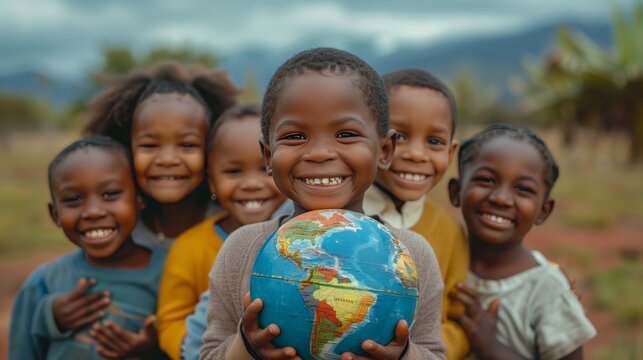 Happy African children holding an earth globe in their hands outdoors