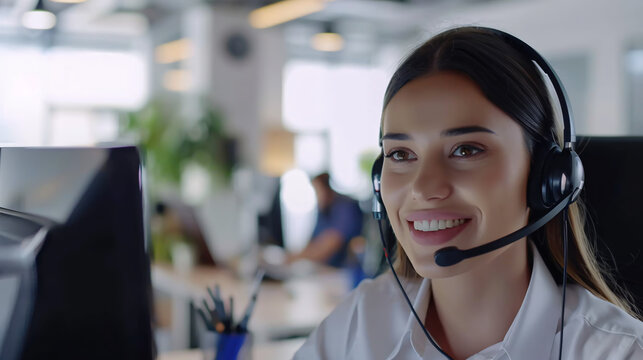 A smiling, friendly female call-center agent wearing a headset and working on a support hotline in an office environment, providing assistance with a professional and approachable demeanor.