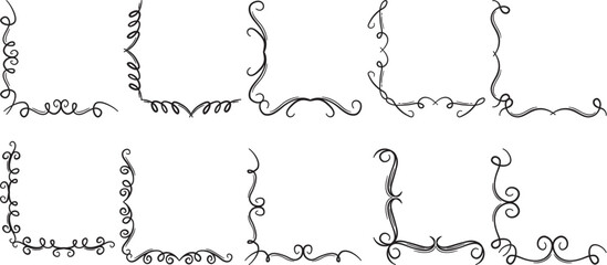 Collection of Hand-Drawn Vector Corner Frames, with Elegant Swirls and Flourishes, Perfect for Invitations, Greeting Cards and Decorative Designs, Wedding Corner Ornament
