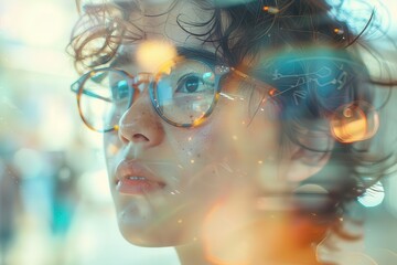 Obraz premium A young person with glasses looks out a window, bathed in warm sunlight and blurred city lights.