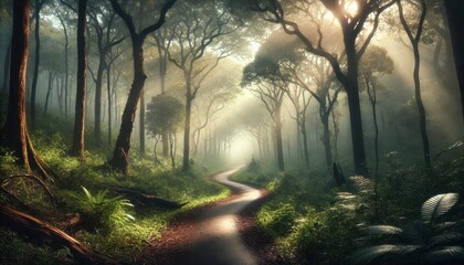 Obraz premium Path of Golden Light Through Enchanted Forest 