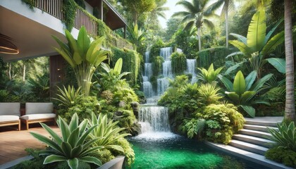 Fototapeta premium Tranquil Waterfall Oasis: Lush tropical foliage and a cascading waterfall create a serene sanctuary, inviting relaxation and escape. The inviting pool and comfortable seating invite you to soak in the