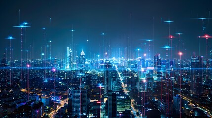 Naklejka premium Modern city with wireless network connection and city scape concept.Wireless network and Connection technology concept with city background at night. 