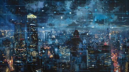 Naklejka premium Modern city with wireless network connection and city scape concept.Wireless network and Connection technology concept with city background at night. 