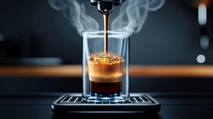 Freshly brewed coffee flows into a glass, releasing steaming aromas in a cozy cafe setting.