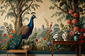 Vintage Roman mural wallpaper with garden, forest, peacock, bird, flower vase, botanical plant landscape illustration.