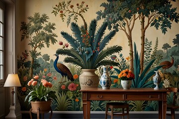 Vintage Roman mural wallpaper with garden, forest, peacock, bird, flower vase, botanical plant landscape illustration.
