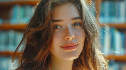 Obraz premium A young woman with long, flowing hair smiles softly in a library setting. Sunlight streams through the window behind her, illuminating her face.