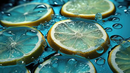 lemons and lemons are on a blue surface.