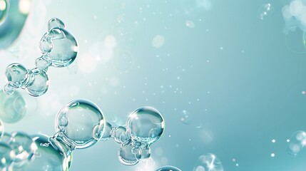 3. Skincare concept illustration featuring a tranquil blue backdrop with suspended serum bubbles, each showcasing a complex molecular arrangement, highlighting the science of cosmetic solutions