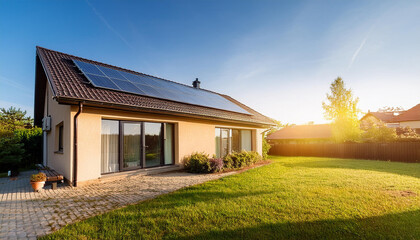 Close-up of new suburban house with a photovoltaic system on the roof. Modern eco friendly passive house with solar panels on the gable roof, with sunlight in the morning vibes