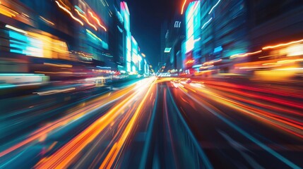 Dynamic motion blur of city lights at night creating a vibrant, energetic atmosphere with streaks of neon and warm colors.