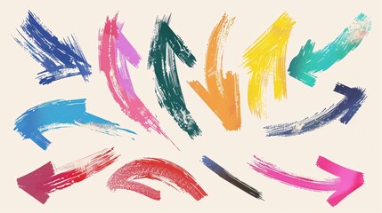 5. Vibrant set of bold brush drawn curved arrows with thick, multi colored strokes and scratches, each hand drawn in different directions and styles, displayed on a minimalist background