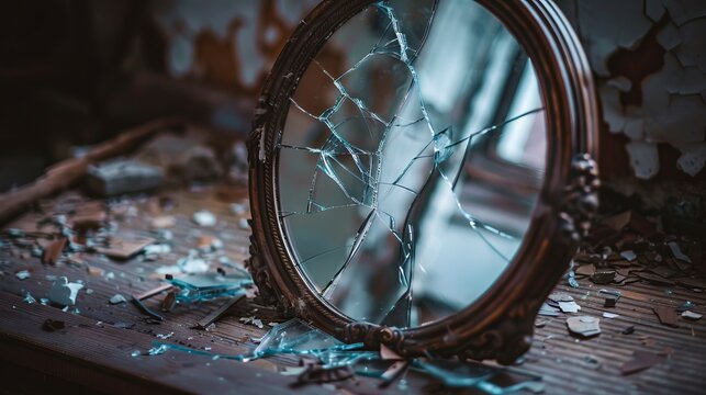 A broken mirror sits on a table in an abandoned room.
