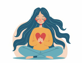 Young woman embraces a big red heart with mindfulness and love. Smiling female character sits in lotos pose with closed eyes and enjoys her freedom and life. Body positive and mental health concept.