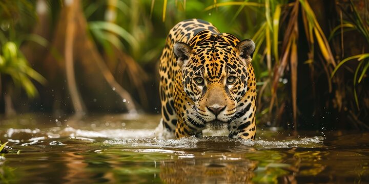 A graceful leopard walks in a water source to hunt for prey in nature.