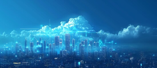 Fototapeta premium Futuristic Smart Cyber City illustration: Innovative Urban Landscape, futuristic technology and cyber punk concept, Graphic Resources, Wallpapers, Brochure, Websites, banner, Advertising, background