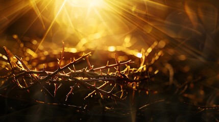 2. The crown of thorns entwined with a radiant golden crown, with light beams shining through, representing the resurrection of the King during Passion Week