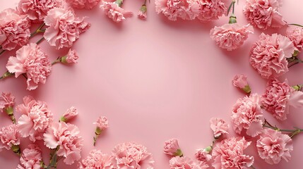 Obraz premium 1. A floral frame made of delicate pink carnations arranged in a circular pattern on a soft pink background, captured from a top view, evoking a sweet Valentine's Day love theme
