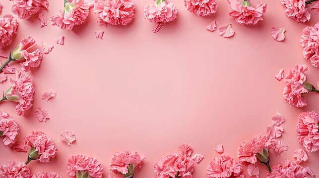 2. A top view flat lay of a rectangular border made of pink carnations against a pastel pink background, perfect for a romantic Valentine's Day concept