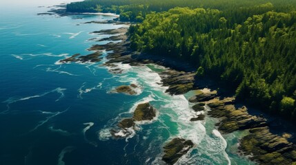 Naklejka premium Aerial view of lush green forests and blue oceans on a sunny day