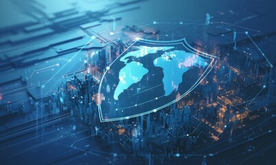 National Data Integrity Shield: The United States Map Fortified with a Cybersecurity Shield, Cities Symbolized by Encrypted Data Markers, Safeguarding the Nation's Digital Sovereignty.