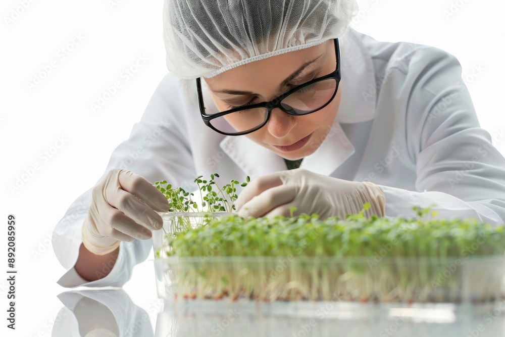 Poster Biologist studying sprouts in a clear container Isolated on white background