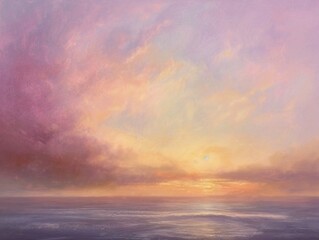 Fototapeta premium 4. A peaceful morning sky at sunrise, featuring a pastel palette of pinks, purples, and yellows, with delicate clouds adding texture to the tranquil scene, the light softly bathing the surroundings
