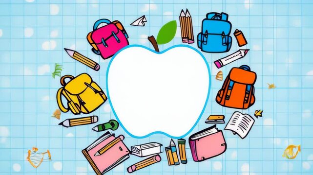 Back to school copy space blank apple in the middle and various colorful school supplies like backpacks, books, pencils against blue grid paper background. Welcome back to schoo