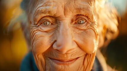 Cheerful elderly woman smiling eyes crinkling close up background is clear and clean