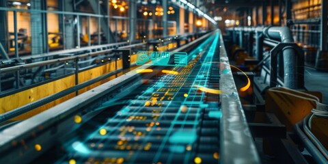 Fototapeta premium Data-Driven Efficiency: A Conveyor Belt System Covered with Data Visualization for Enhanced Productivity