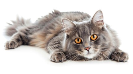 Obraz premium Purebred cat with gray fur and large orange eyes on a white background