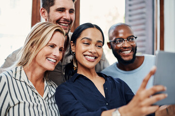 Fototapeta premium Selfie, tablet and happy business people with creative solidarity, diversity and support at tech startup. Photography, design and team portrait with confidence, friends and smile at digital agency.