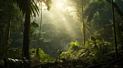 Fototapeta premium Dense tropical rainforest with sunlight filtering through the canopy
