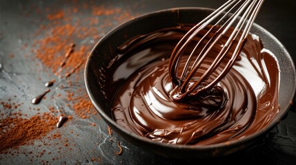 Creamy chocolate melted with whisk on black background