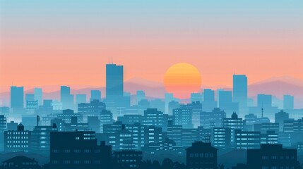 Obraz premium Illustration cityscape at sunrise, emphasizes modern urban life and tranquility.