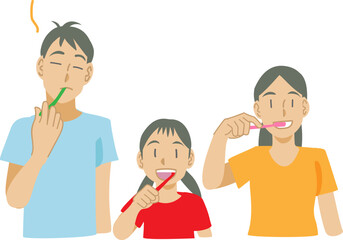 歯磨きをする家族のイラスト