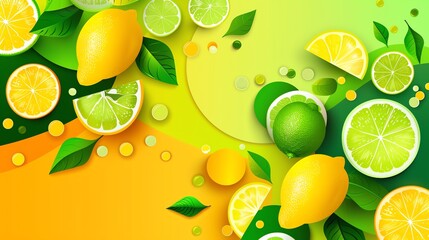 Vibrant and colorful citrus fruit pattern featuring lemons and limes with fresh leaves on a gradient background.