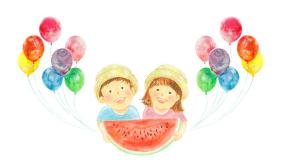 スイカを持つ子供たち　風船