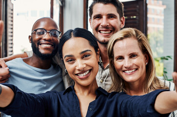 Design, smile and selfie of business people in office with support, creative solidarity and...