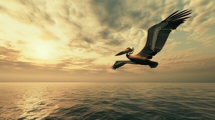 Brown Pelican flying over ocean with open space for text