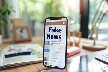 Smartphone displaying "Fake News" on screen in modern office with blurred background. Media literacy, misinformation, digital age, technology impact, news consumption, awareness concept.