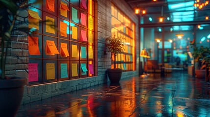 Colorful Sticky Notes in Modern Corridor. Modern corridor with a glass wall covered in colorful sticky notes, reflecting a dynamic and creative business environment.