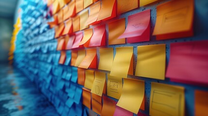 Fototapeta premium Office Hallway with Sticky Notes Display. Hallway in a modern office building featuring a glass wall covered in sticky notes, illuminated by warm lighting and reflecting a collaborative environment.